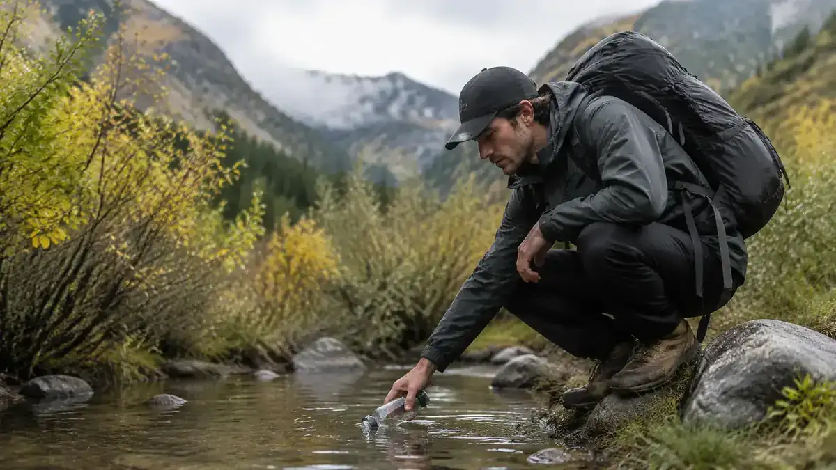 Backpacker filling a hydration reservoir from a muddy creek on a cloudy day in the Cascades