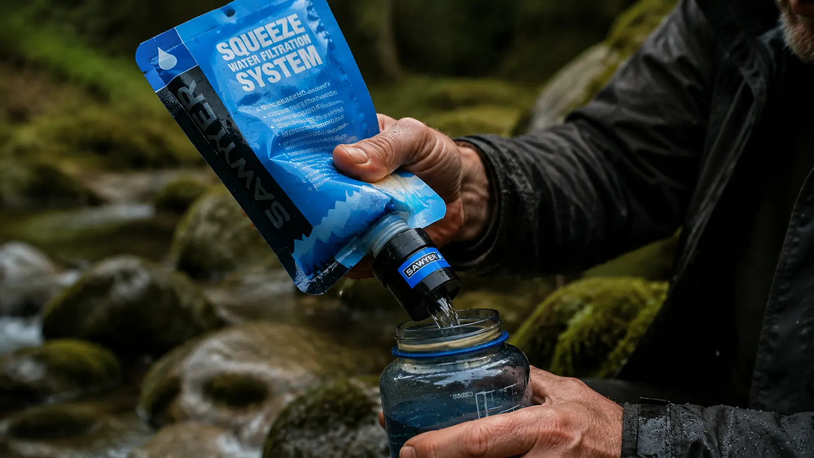Hand squeezing a Sawyer Squeeze filter pouch over a water bottle at a rocky streambank