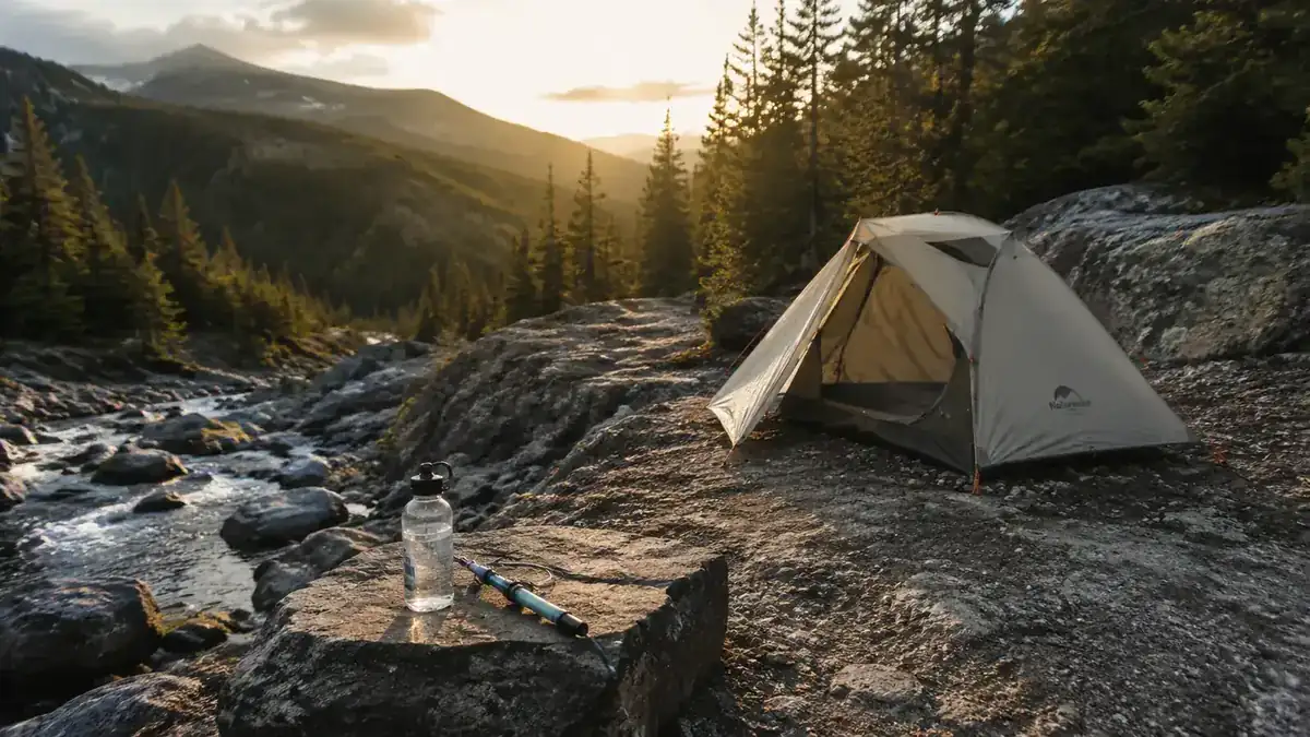 Camp setup with a clear water bottle and filter system on a rock near a small tent