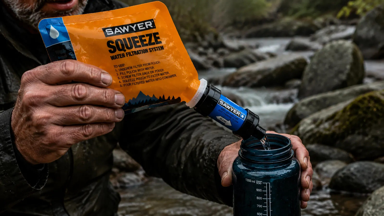 Hand squeezing a Sawyer Squeeze pouch to filter water into a wide-mouth bottle at a rocky creek
