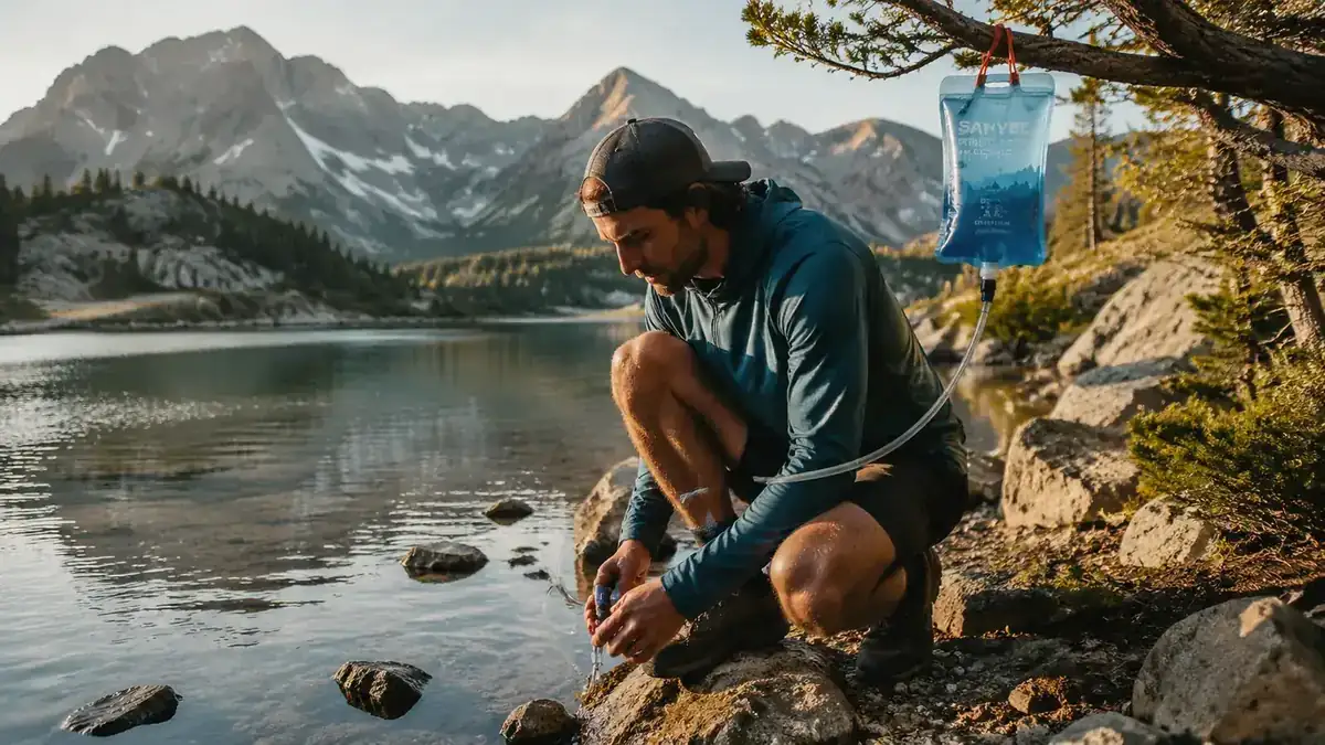 Backpacker refilling water at a Cascades alpine lake using a gravity filter setup hanging from a branch