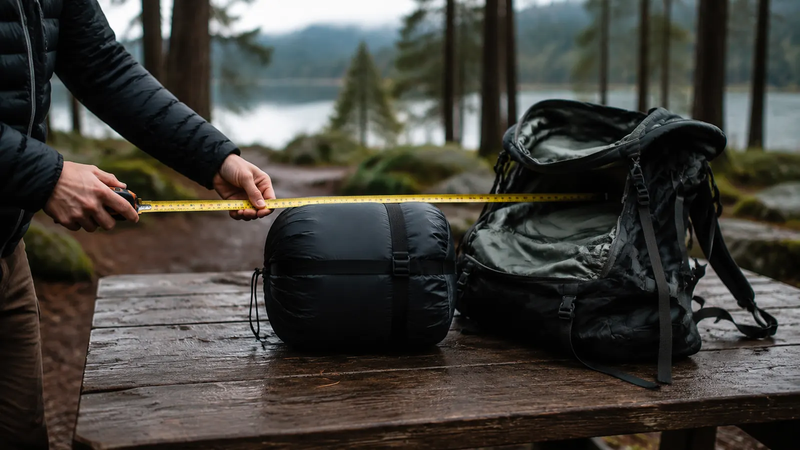 A sleeping bag compressed in its stuff sack next to a backpack with a ruler showing the packed diameter is larger than expected