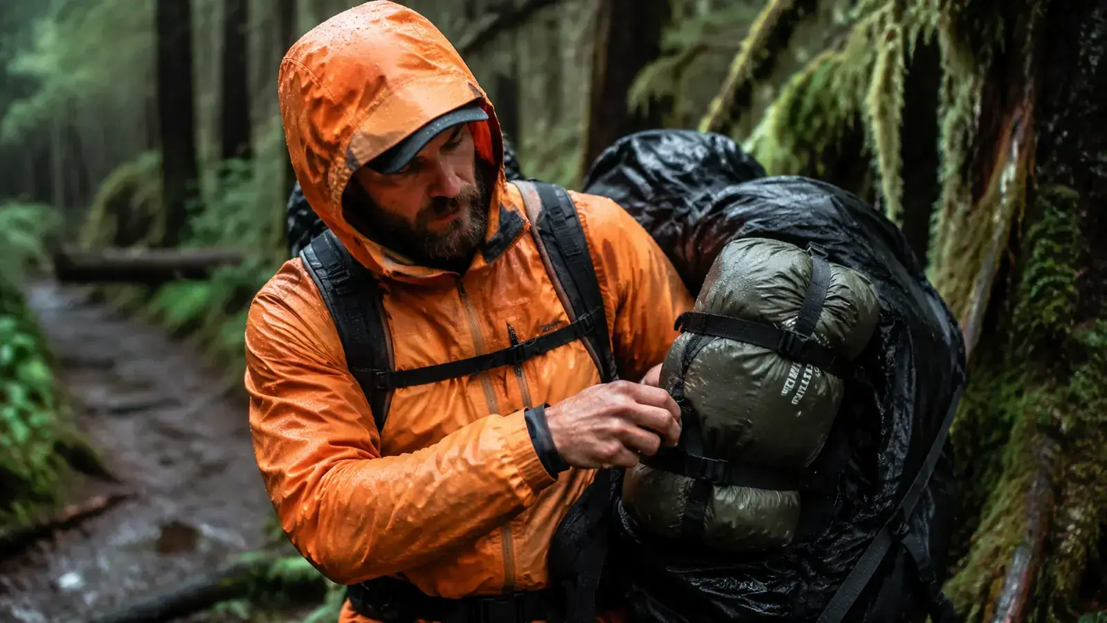 A backpacker in an orange rain jacket strapping a compressed sleeping bag to the outside of a pack on a muddy forest trail in the rain
