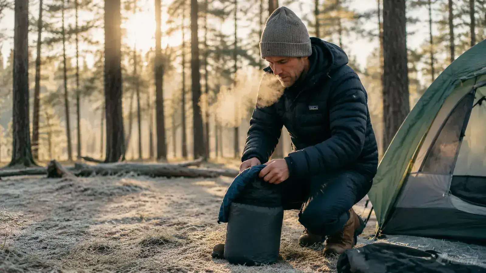 Camper loading a compressed sleeping bag into a stuff sack outside a tent on a frosty morning